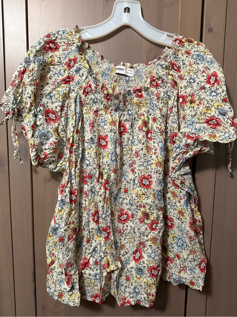 Sonoma Cream Floral Smocked Peasant Blouse with Red & Yellow Flowers